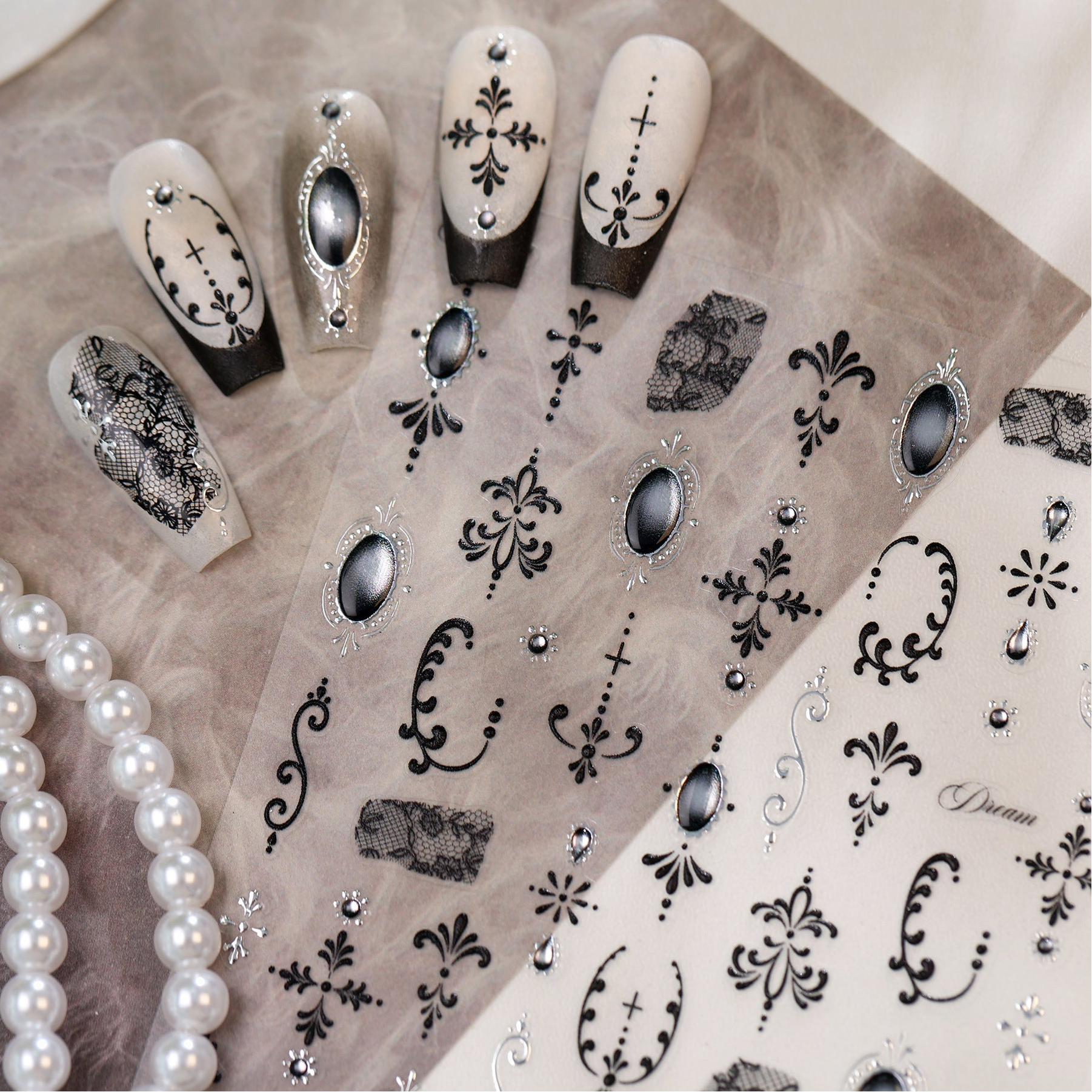 Black Lace & Gothic Cross Nail Stickers - Vintage Dark Coquette Decals 1503