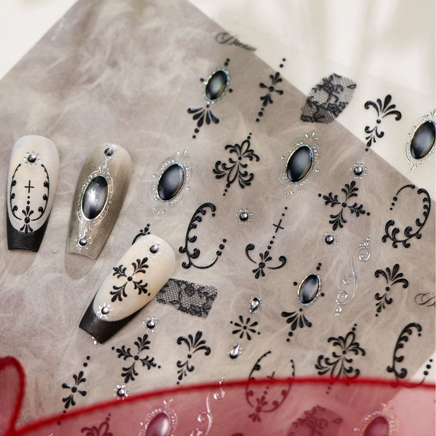 Black Lace & Gothic Cross Nail Stickers - Vintage Dark Coquette Decals 1503