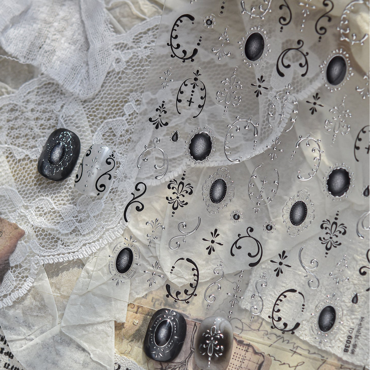 Black Lace & Gothic Cross Nail Stickers - Vintage Dark Coquette Decals