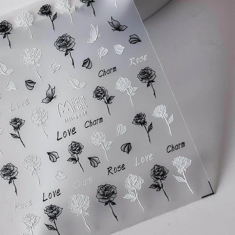 Black Rose Flower Nail Art Stickers Adhesive Slider Embossed White Rose Flower Sticker Decals MN174F