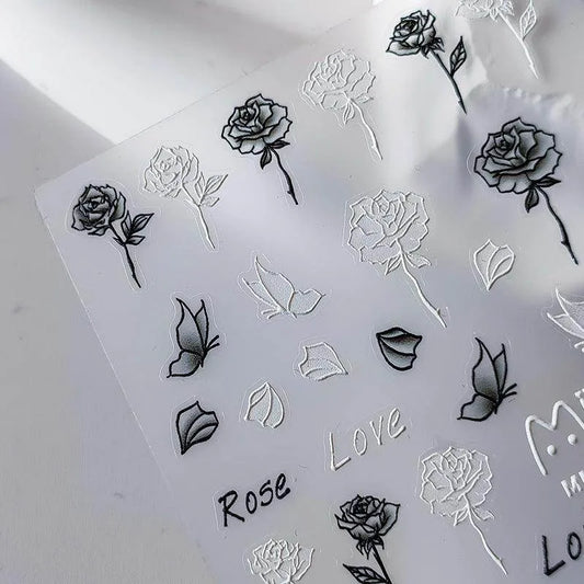 Black Rose Flower Nail Art Stickers Adhesive Slider Embossed White Rose Flower Sticker Decals MN174F