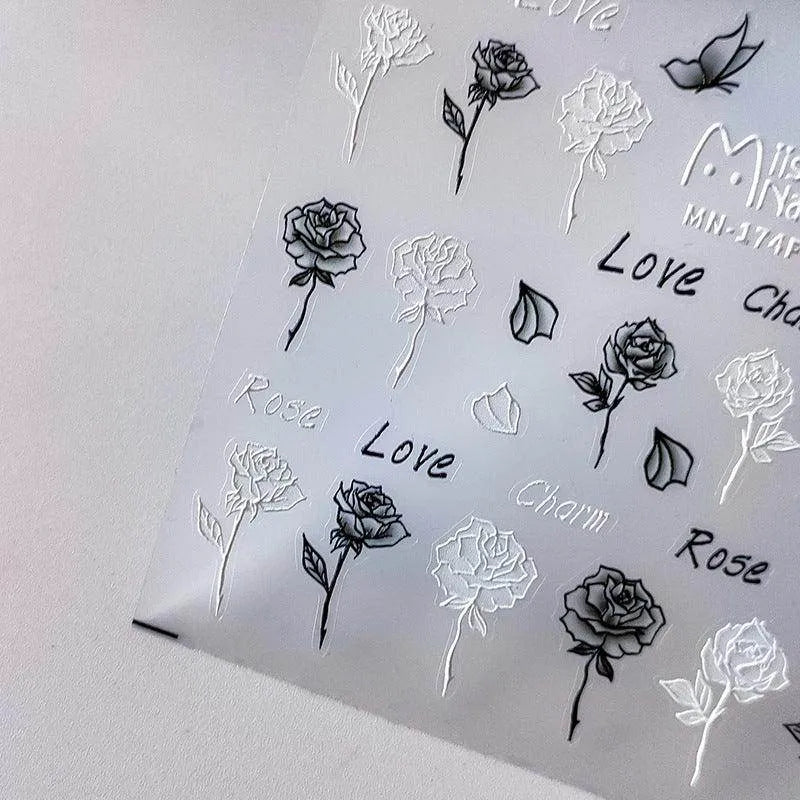 Black Rose Flower Nail Art Stickers Adhesive Slider Embossed White Rose Flower Sticker Decals MN174F