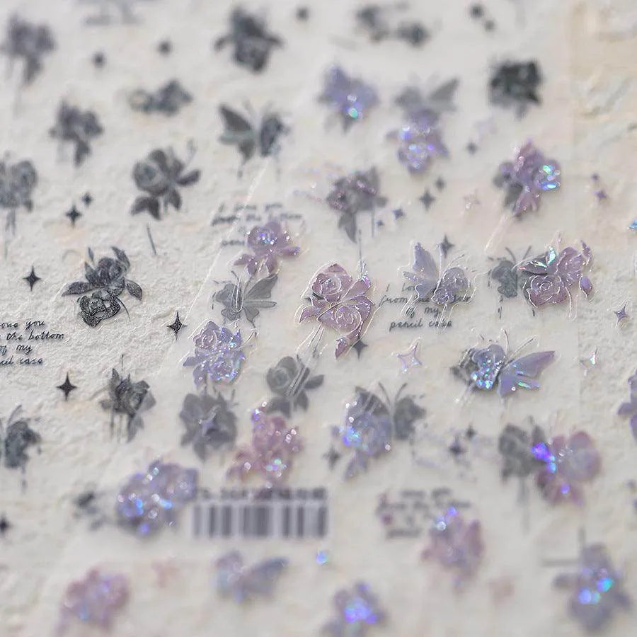 Black Rose Flower Nail Art Stickers Adhesive Slider Rose Butterfly Sticker Decals M326