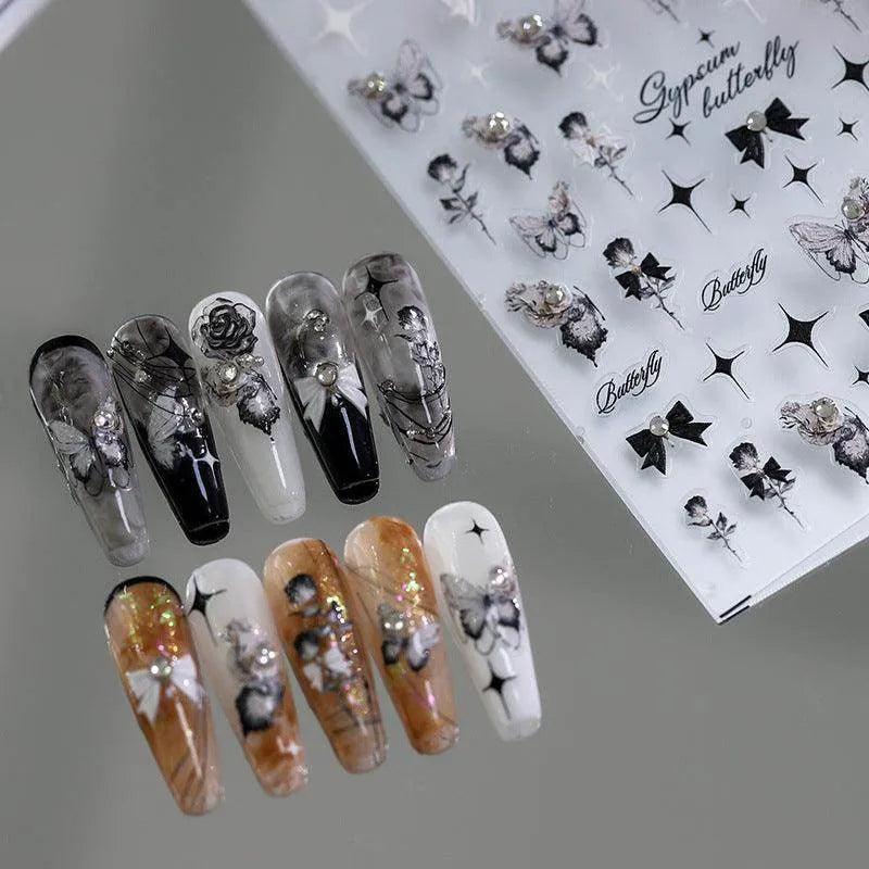 Black Rose Nail Art Stickers Adhesive Slider Embossed Rose Bow Sticker Decals TL010