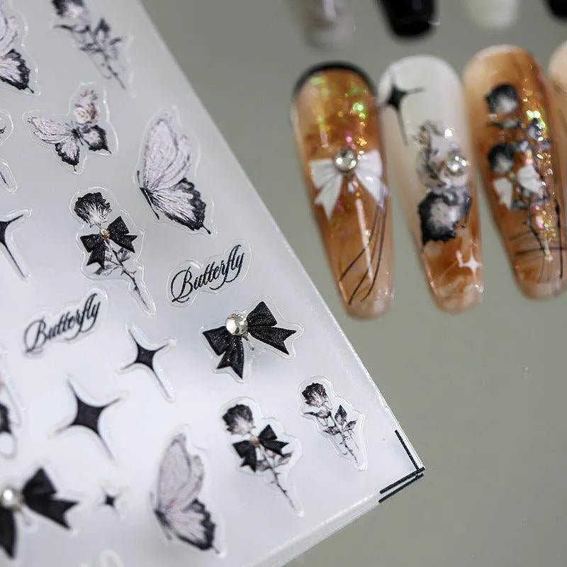 Black Rose Nail Art Stickers Adhesive Slider Embossed Rose Bow Sticker Decals TL010