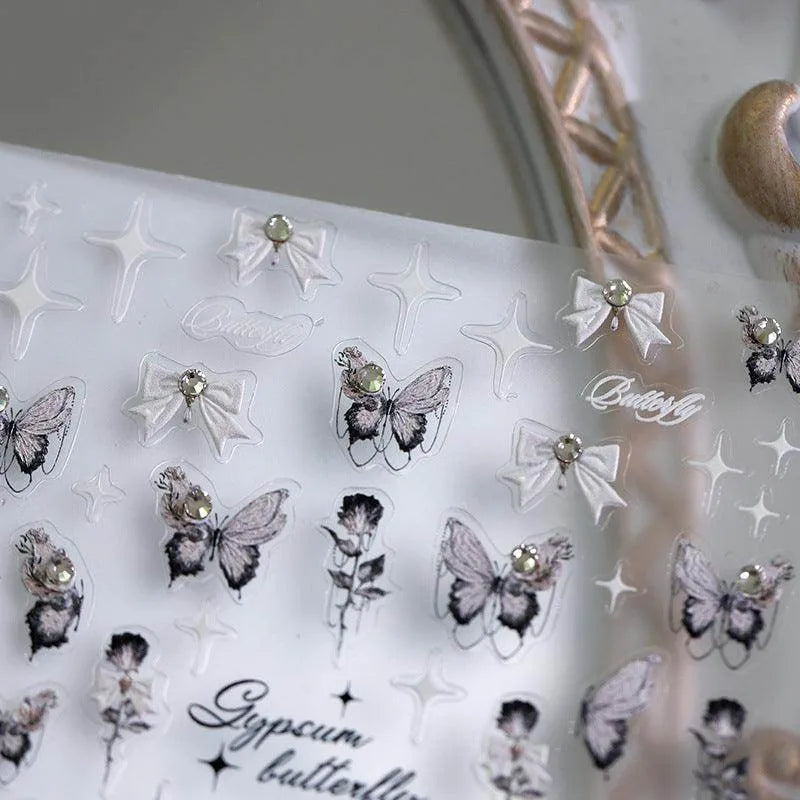 Black Rose Nail Art Stickers Adhesive Slider Embossed Rose Bow Sticker Decals TL010