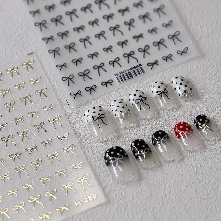 Black White Bow Nail Art Stickers Adhesive Slider Embossed Metal Bow Knot Sticker Decals TS3587