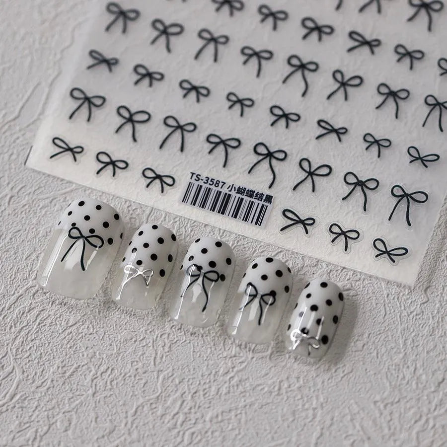 Black White Bow Nail Art Stickers Adhesive Slider Embossed Metal Bow Knot Sticker Decals TS3587
