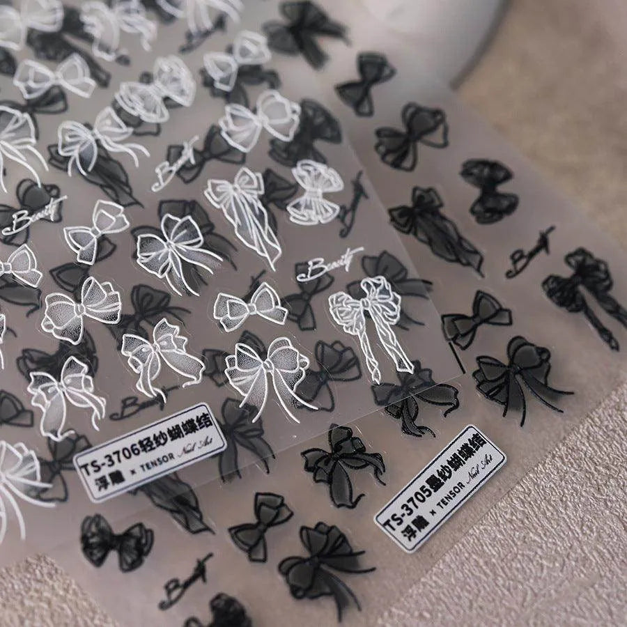 Black White Bows Nail Art Stickers Adhesive Ribbon Bow Embossed Sticker Decals 