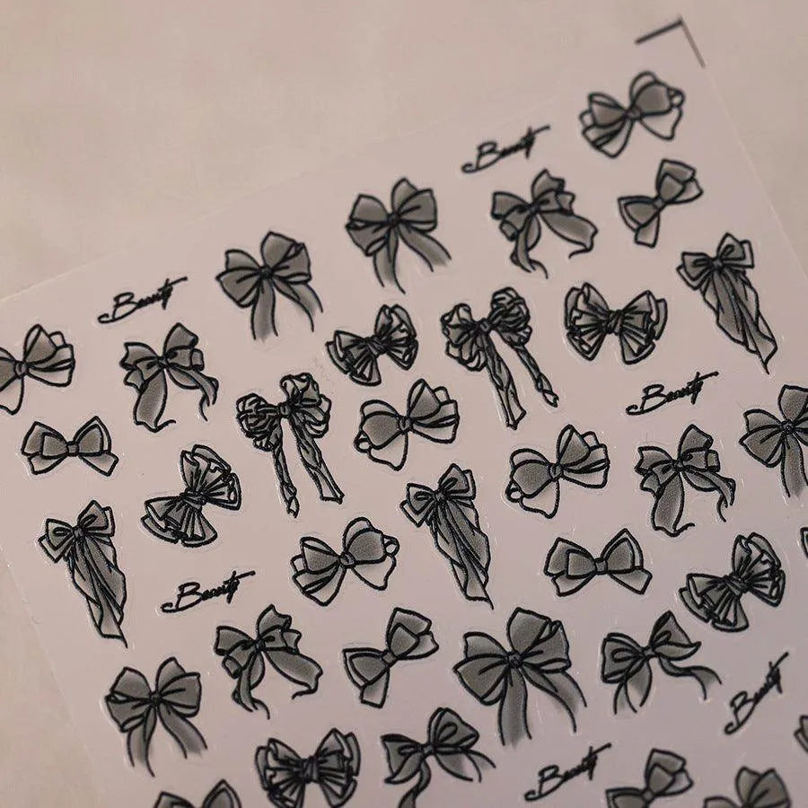 Black White Bows Nail Art Stickers Adhesive Ribbon Bow Embossed Sticker Decals 