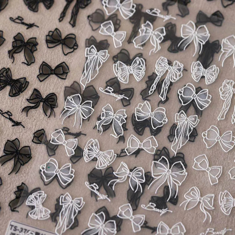 Black White Bows Nail Art Stickers Adhesive Ribbon Bow Embossed Sticker Decals 