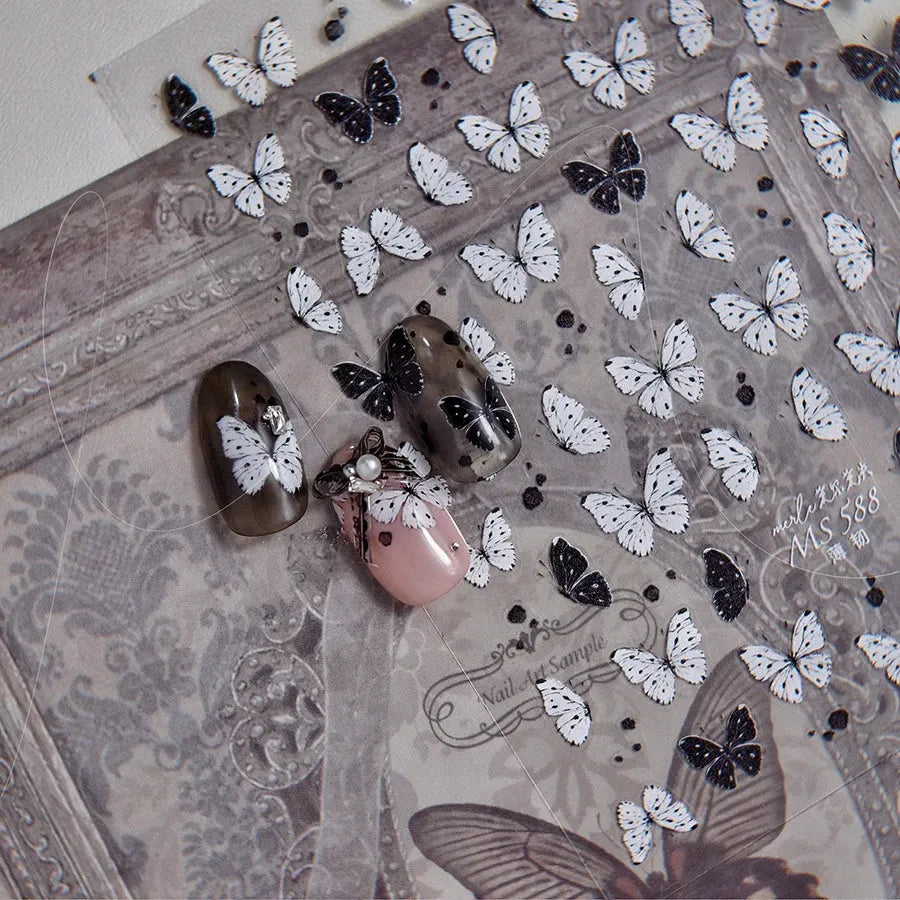 Black White Butterfly Nail Sticker Speckled Butterfly Wings Adhesive Sticker Decals MS588