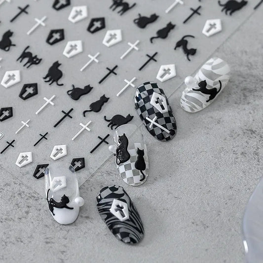 Black White Cross Nail Art Stickers Adhesive Slider Black Cat Sticker Decals 
