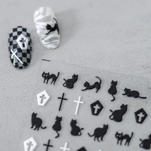 Black White Cross Nail Art Stickers Adhesive Slider Black Cat Sticker Decals 