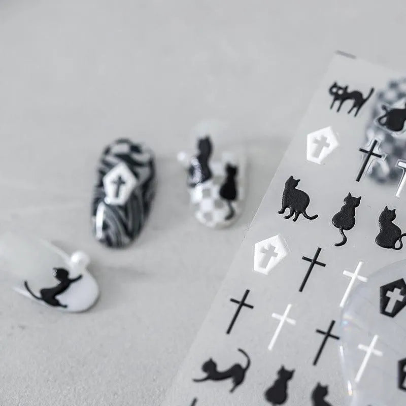Black White Cross Nail Art Stickers Adhesive Slider Black Cat Sticker Decals 