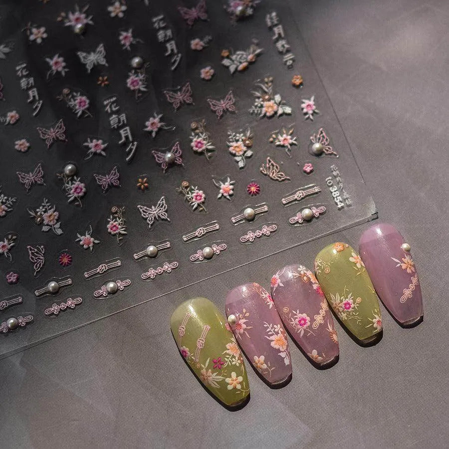 Blooming Sakura Nail Art Stickers Adhesive Peachblow Flower Embossed Sticker Decals to3854