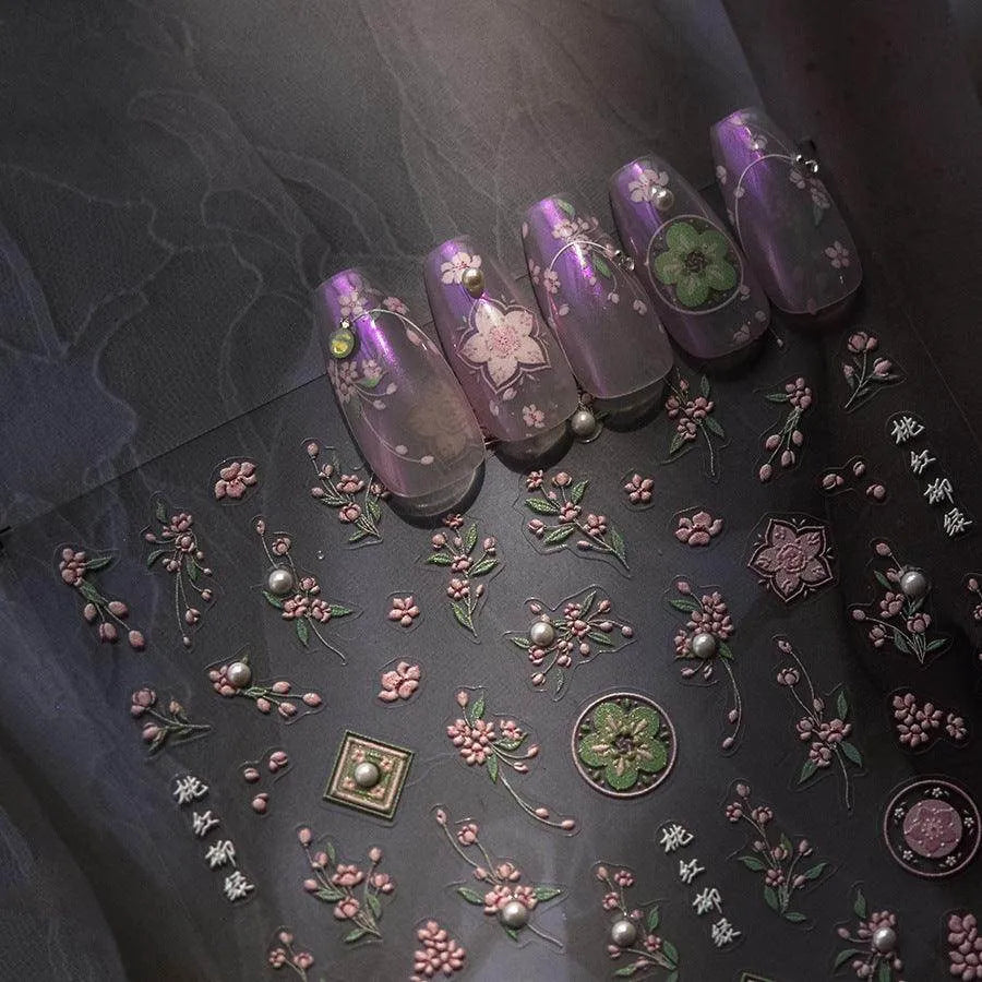 Blooming Sakura Nail Art Stickers Adhesive Peachblow Flower Embossed Sticker Decals to3854
