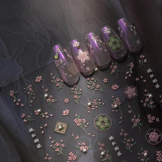 Blooming Sakura Nail Art Stickers Adhesive Peachblow Flower Embossed Sticker Decals to3854