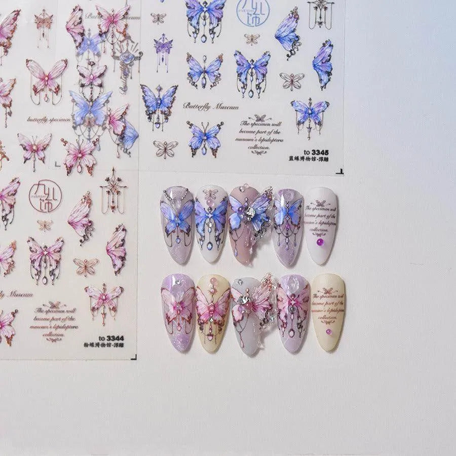 Blue Butterfly Nail Art Stickers Adhesive Embossed Pink Lace Sticker Decals to3345