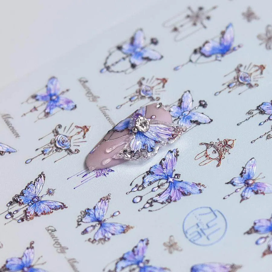 Blue Butterfly Nail Art Stickers Adhesive Embossed Pink Lace Sticker Decals to3345