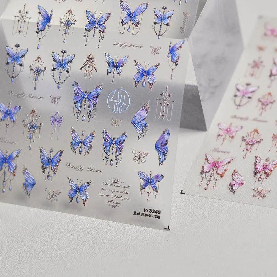 Blue Butterfly Nail Art Stickers Adhesive Embossed Pink Lace Sticker Decals to3345