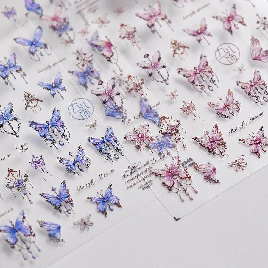Blue Butterfly Nail Art Stickers Adhesive Embossed Pink Lace Sticker Decals to3345