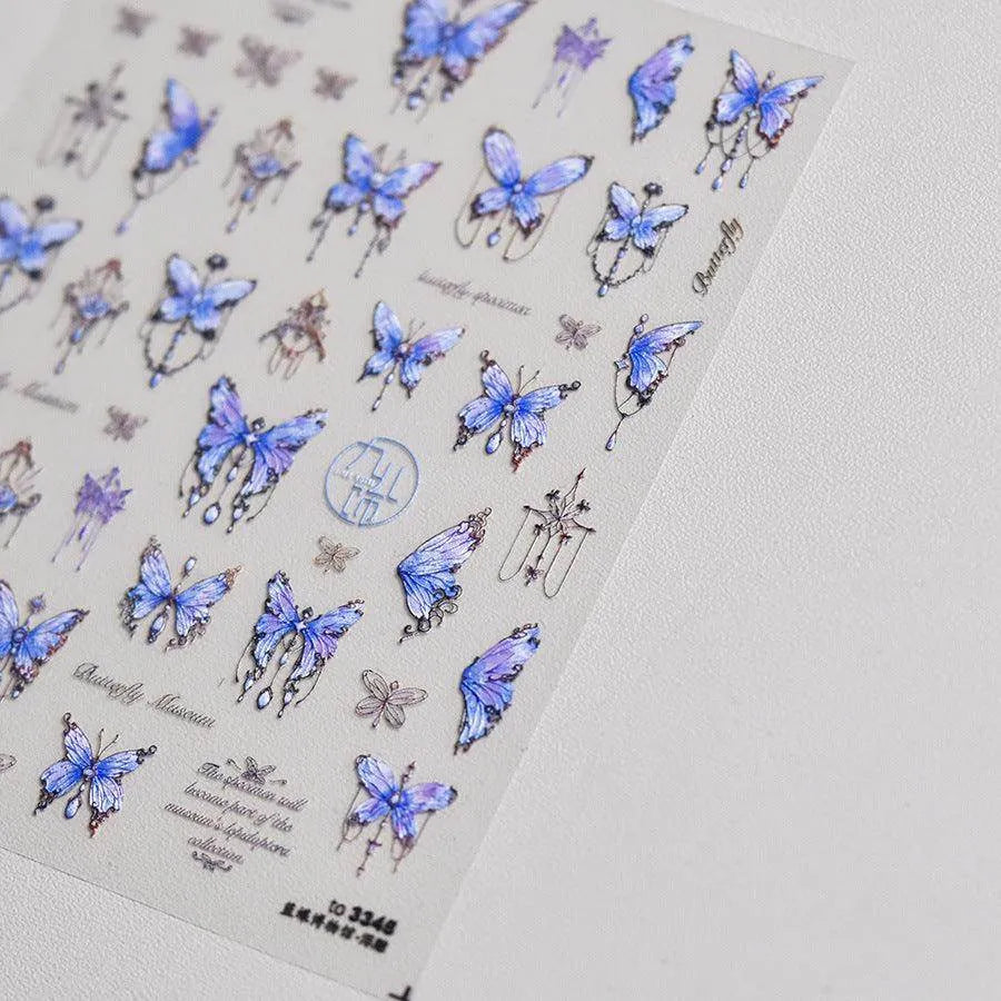 Blue Butterfly Nail Art Stickers Adhesive Embossed Pink Lace Sticker Decals to3345