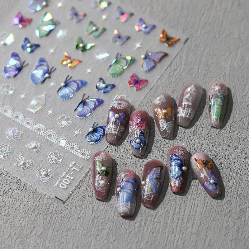 Blue Butterfly Nail Art Stickers Adhesive Slider Laser Butterfly Sticker Decals TL100