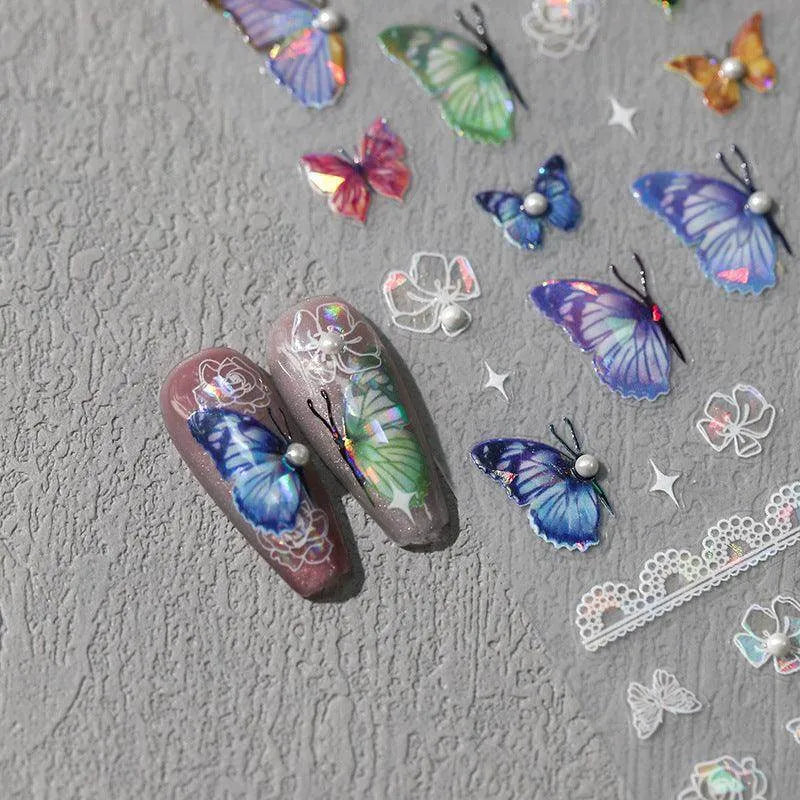 Blue Butterfly Nail Art Stickers Adhesive Slider Laser Butterfly Sticker Decals TL100