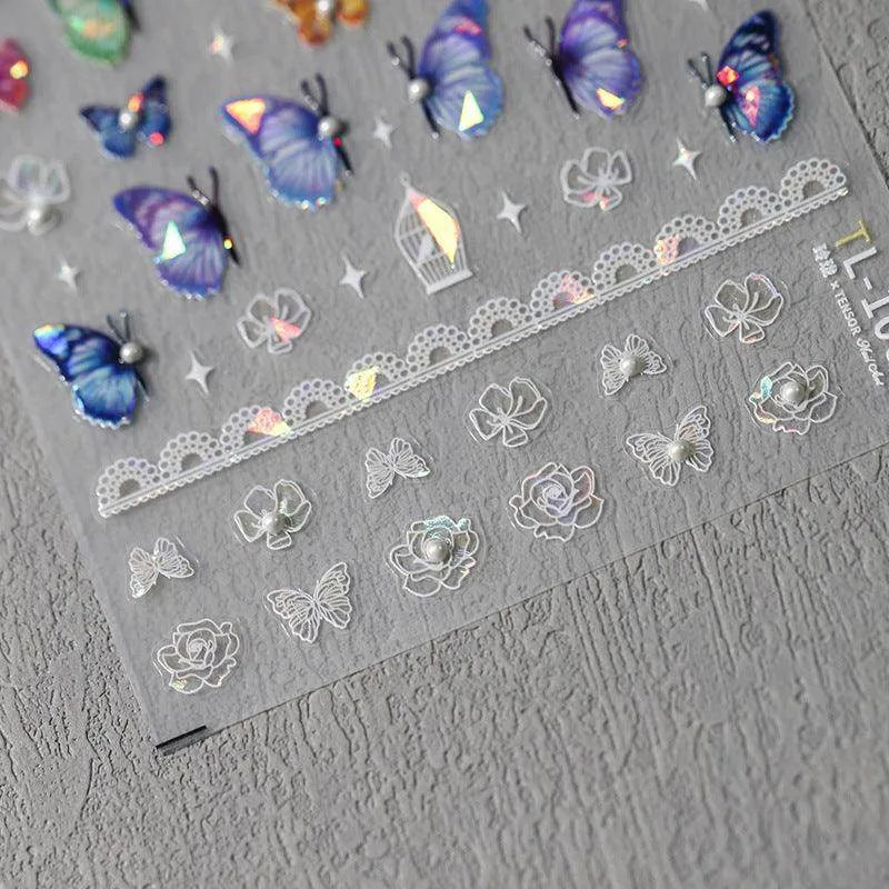 Blue Butterfly Nail Art Stickers Adhesive Slider Laser Butterfly Sticker Decals TL100