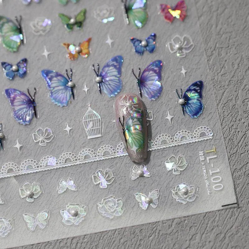 Blue Butterfly Nail Art Stickers Adhesive Slider Laser Butterfly Sticker Decals TL100