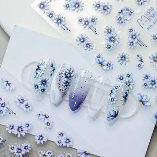 Blue Daisy Flower Nail Art Stickers Floral Adhesive Sticker Decals MN100F