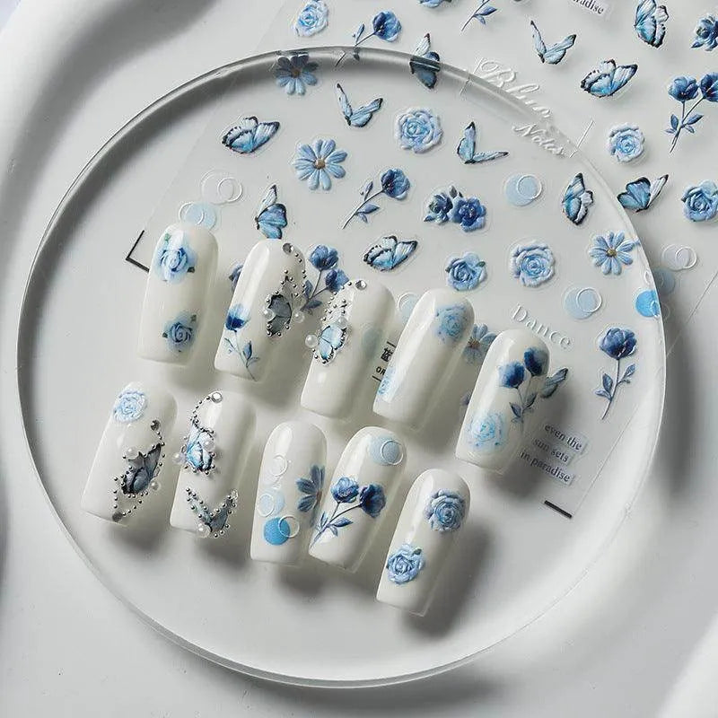 Blue Flower Butterfly Nail Art Stickers Adhesive Slider Sticker Decals TS2444