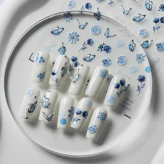 Blue Flower Butterfly Nail Art Stickers Adhesive Slider Sticker Decals TS2444
