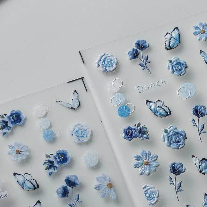 Blue Flower Butterfly Nail Art Stickers Adhesive Slider Sticker Decals TS2444