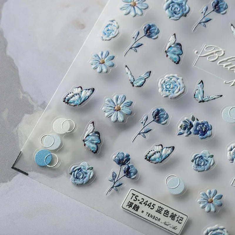 Blue Flower Butterfly Nail Art Stickers Adhesive Slider Sticker Decals TS2444