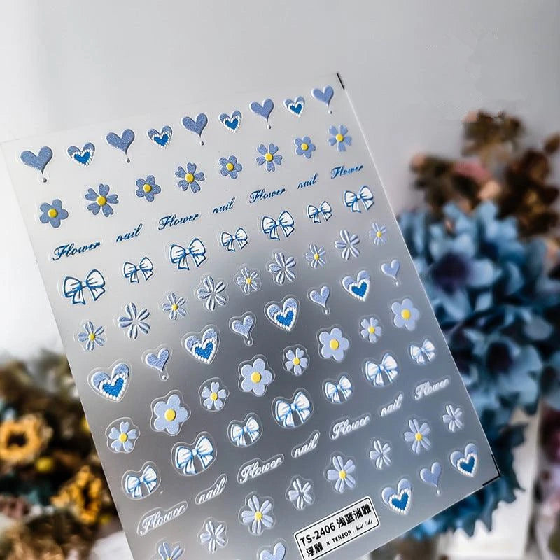 Blue Heart Bow Nail Art Stickers Adhesive Slider Flowers Sticker Decals TS2405