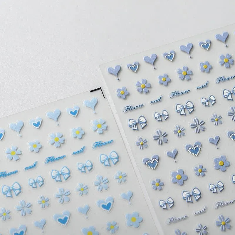 Blue Heart Bow Nail Art Stickers Adhesive Slider Flowers Sticker Decals TS2405