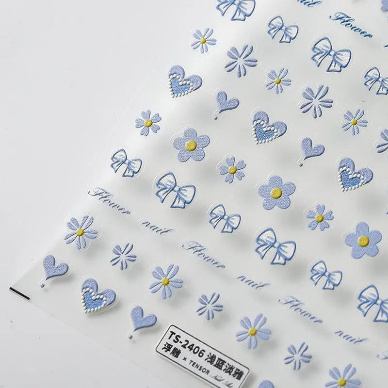 Blue Heart Bow Nail Art Stickers Adhesive Slider Flowers Sticker Decals TS2405