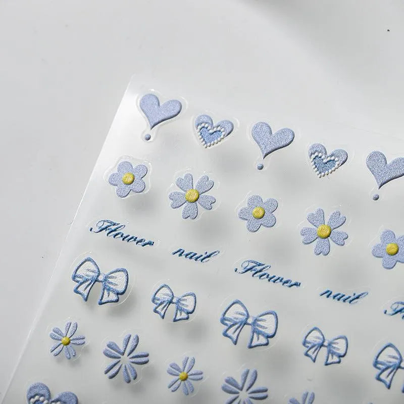 Blue Heart Bow Nail Art Stickers Adhesive Slider Flowers Sticker Decals TS2405