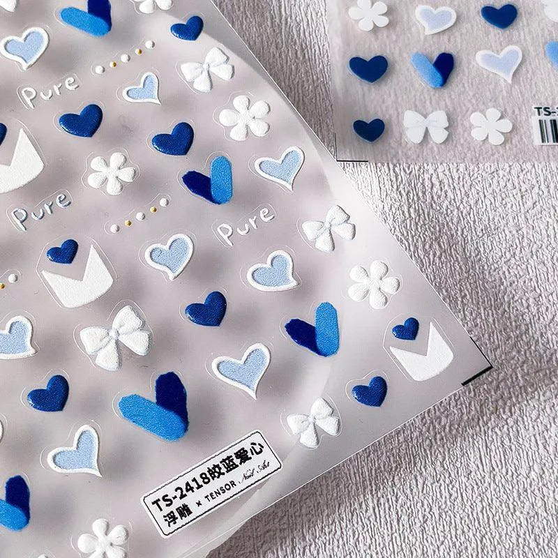 Blue Heart Nail Art Stickers Adhesive Slider Bow Love Hearts Sticker Decals TS2417