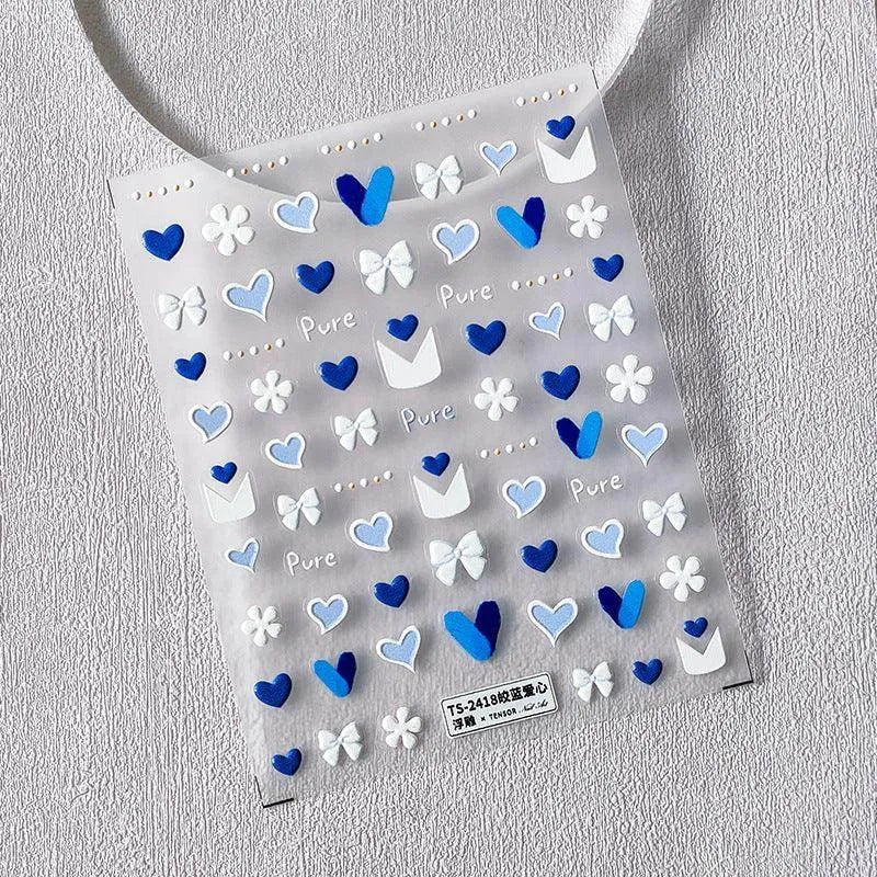 Blue Heart Nail Art Stickers Adhesive Slider Bow Love Hearts Sticker Decals TS2417