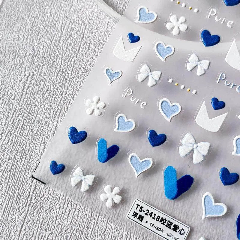Blue Heart Nail Art Stickers Adhesive Slider Bow Love Hearts Sticker Decals TS2417