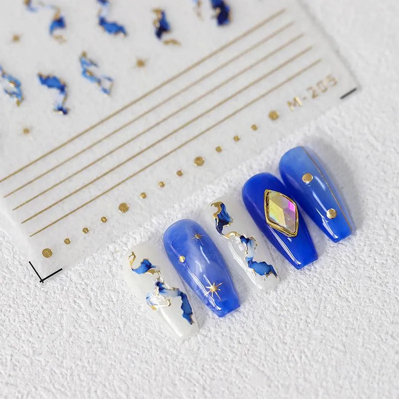 Blue Marble Design Nail Art Stickers Gold Lines Adhesive Sticker Decals M205