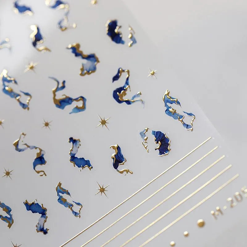 Blue Marble Design Nail Art Stickers Gold Lines Adhesive Sticker Decals M205