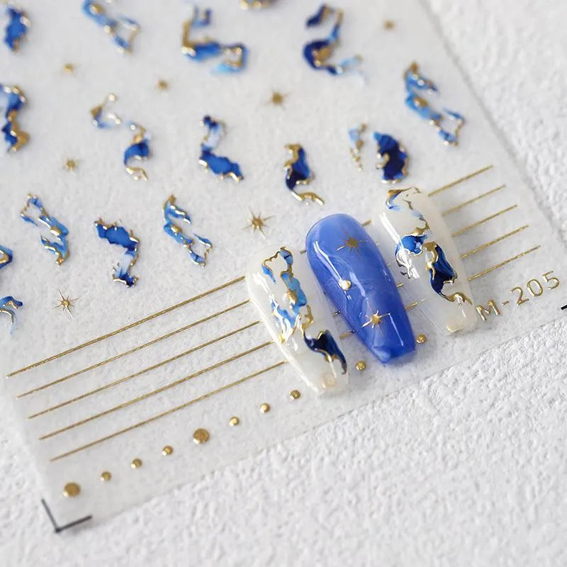 Blue Marble Design Nail Art Stickers Gold Lines Adhesive Sticker Decals M205