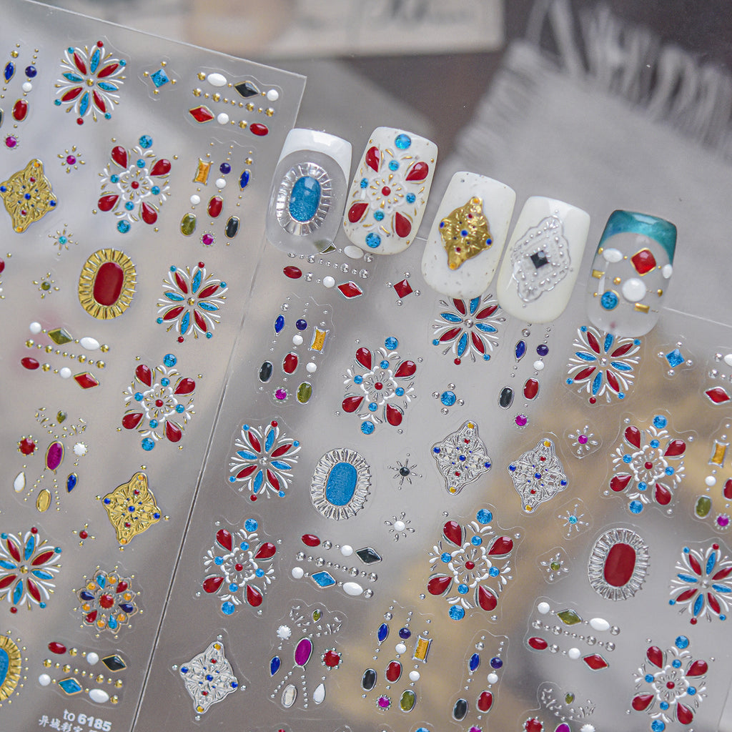 Boho Gemstone Nail Stickers -  Vintage Floral Decals 6185