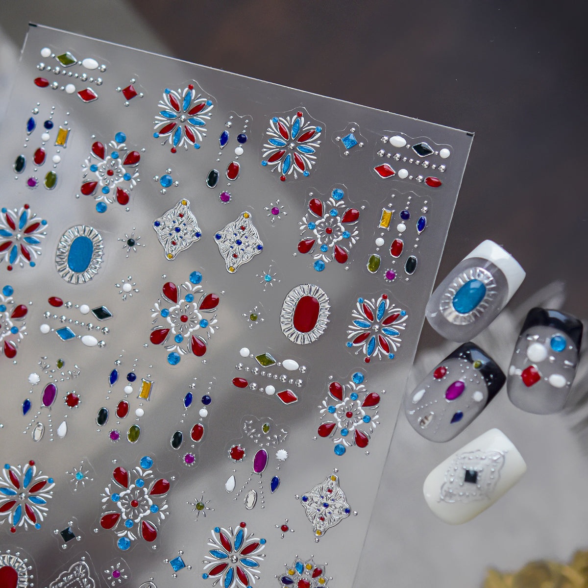 Boho Gemstone Nail Stickers -  Vintage Floral Decals 6185