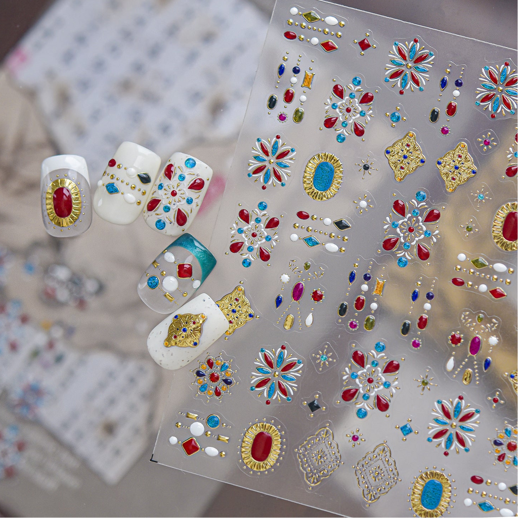 Boho Gemstone Nail Stickers -  Vintage Floral Decals 6185