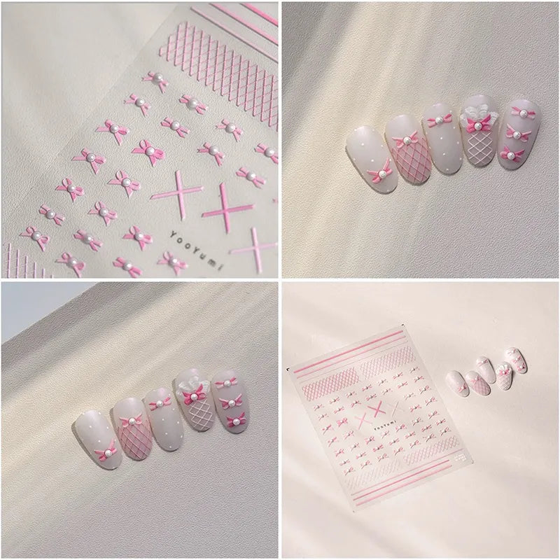 Bow Lace Peals Nail Art Stickers Colorful Bows Tie Adhesive Embossed Sticker Decals 